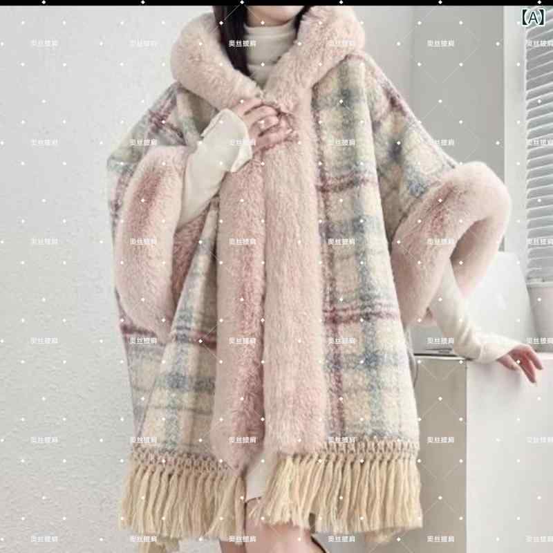 乐天商城 - ポンチョ レディース 女性用 マント ショール ケープ アウター フード付き 裏起毛 厚手 保温性 フリンジ ミドル丈 ゆったり ルーズシルエット ポリエステル チェック柄 秋冬 かわいい カジュアルスタイル