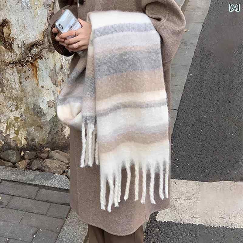 大判ストール レディース 秋冬 高級感 おしゃれ ふわふわ フリンジ 保温性 ストライプ柄 フェイクカシ..