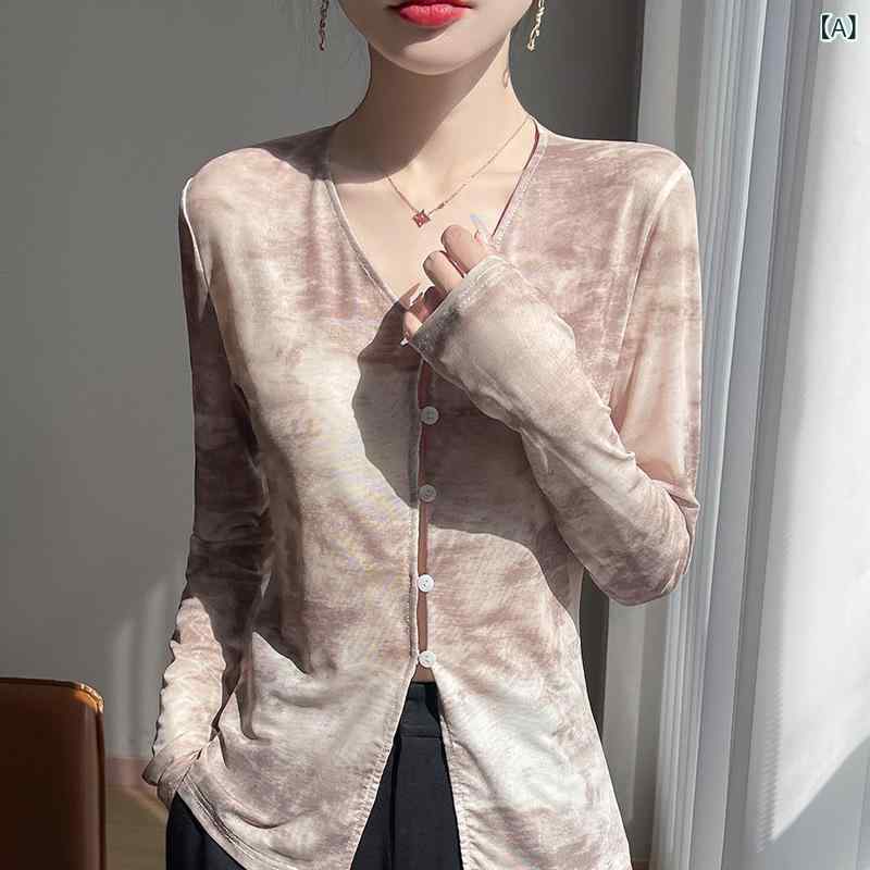 カーディガン レディース 春夏 Vネック 長袖 メッシュ プリント グラデーション 薄手 ポリエステル エレガント ゆったり ルーズフィット 羽織り トップス 着やせ効果 スタイルアップ 通勤 オフィス 普段使い 着回し 万能