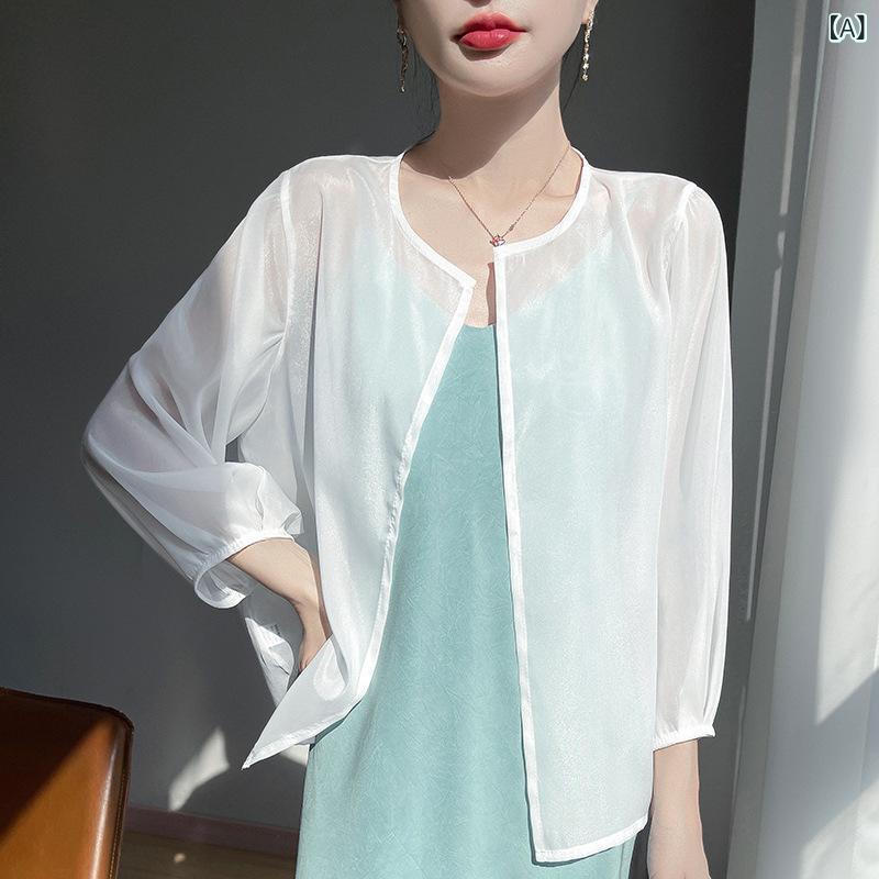 カーディガン レディース 春夏 軽量 薄手 通気性 シフォン ニット UVカット 紫外線対策 ボタンなし ラウンドネック 九分袖 無地 ポリエステル 通勤 カジュアル 快適 羽織り