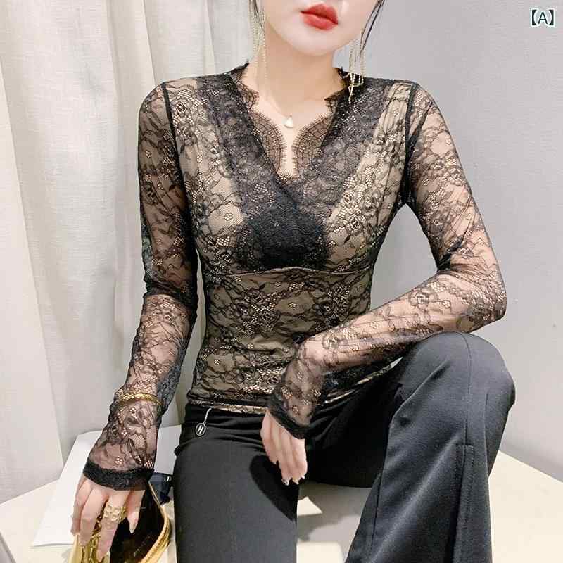 トップス レディース 秋冬 Vネック 長袖 睫毛レース フレンチスタイル エレガント きれいめ スリムフィット 細見え プルオーバー ブラウス 伸縮性 ブラック カジュアル お出かけ デート