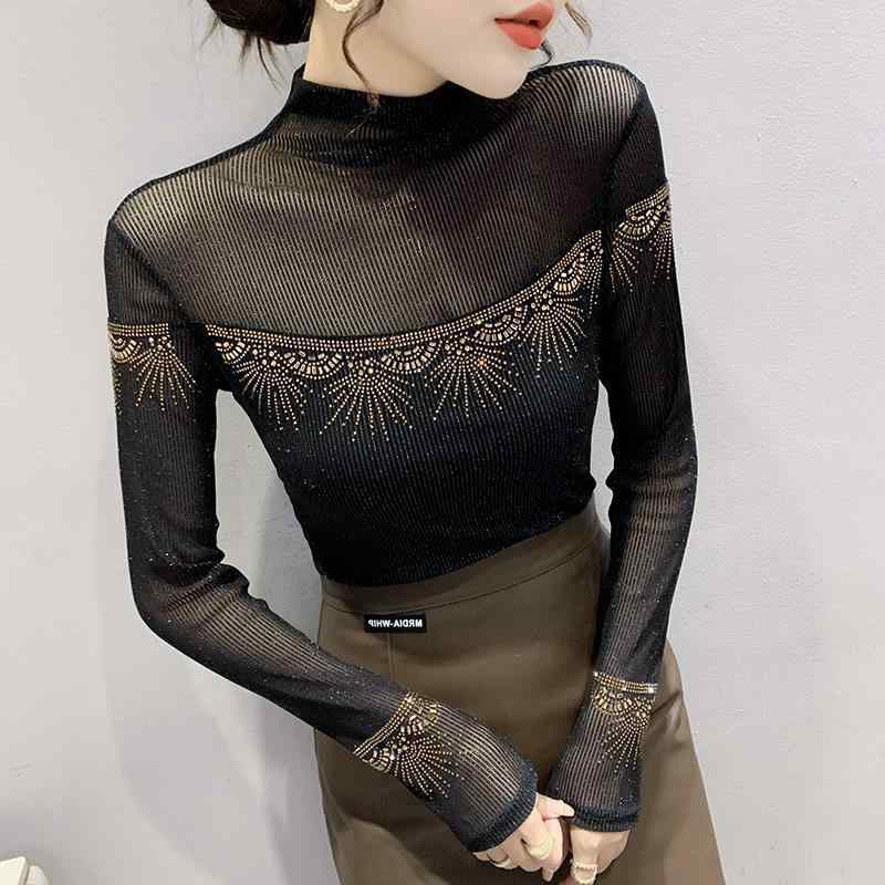 レディース トップス ハイネック 長袖 メッシュ シアー ラインストーン飾り スリムシルエット ナイロン混 プルオーバー 秋冬 インナー 上品 カジュアル 黒 ブラック(4)