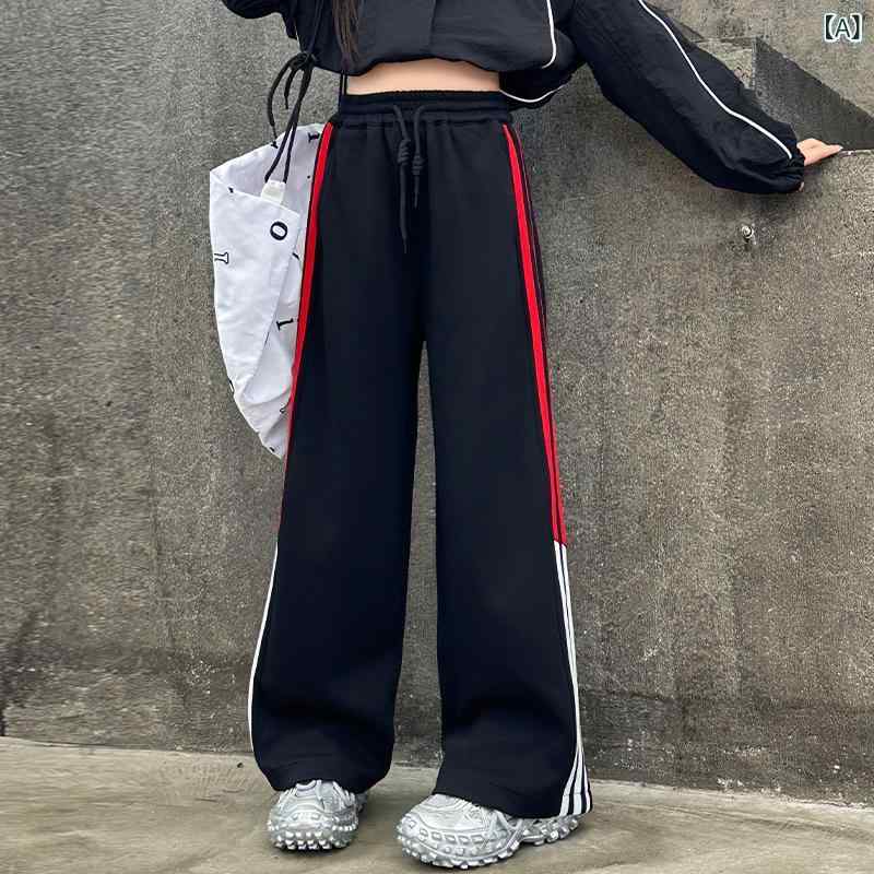 パンツ ガールズ スウェット ジャージ ワイド ストレート サイドライン 高ウエスト ウエストゴム ゆっ..
