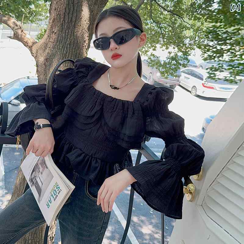 セットアップ 女の子 ジュニア デニム 上下セット 韓国風 パフスリーブ トップス ラインストーン 綿混 春秋 カジュアル おしゃれ かわいい ブラック