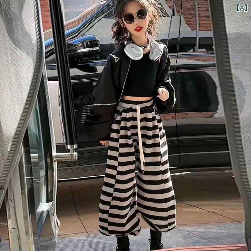 Long-Trousers, Trousers - セットアップ ガールズ キッズ ジュニア 無地 ジャケット アウター ストライプ バルーンパンツ スウェットパンツ 2点セット ツーピース おしゃれ カジュアル ゆったり 軽量 綿混素材 ソフトタッチ 普段使い 通学 春秋