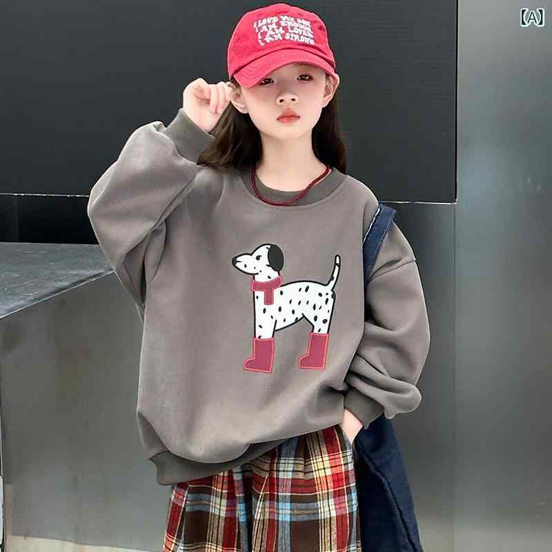 セットアップ 女の子 ジュニア カジュアル キャラクター かわいい 犬 プリント 長袖 スウェット 綿混 ソフトタッチ ゆったり チェック柄 ワイドパンツ 長ズボン 春秋 2点セット