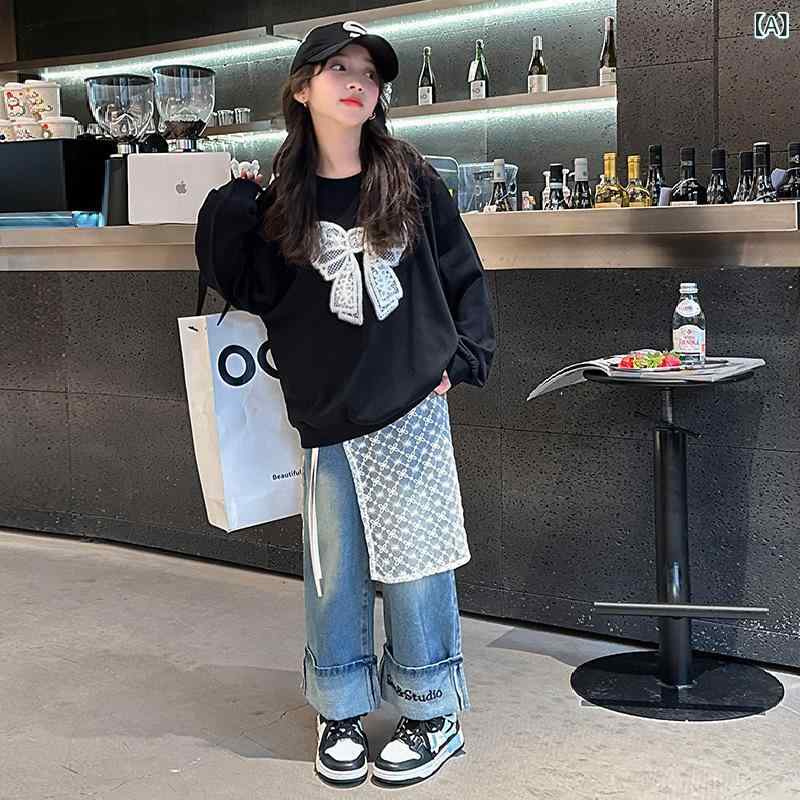 セットアップ キッズ ガールズ スウェット ストレート ワイド デニムパンツ カジュアル 韓国風 春秋 長袖 長ズボン 上下セット 綿混 再生繊維 無地 トレンド 普段使い お出かけ ソフトな肌触り