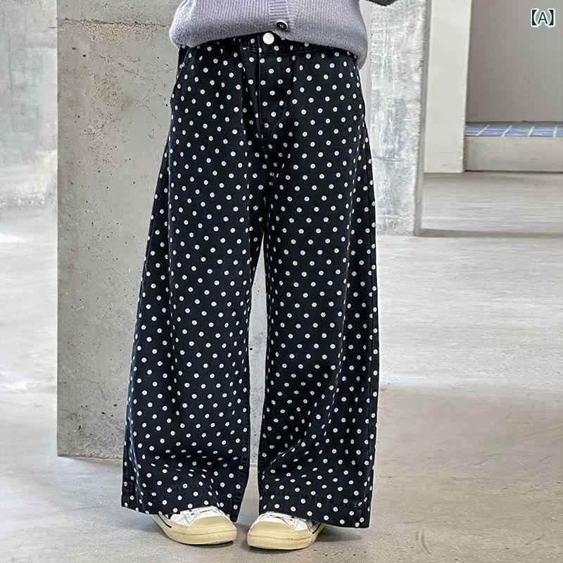 パンツ 女の子 キッズ ジュニア ドット柄 水玉 ハイウエスト ワイド ゆったり ルーズ ロング 韓国風 カ..