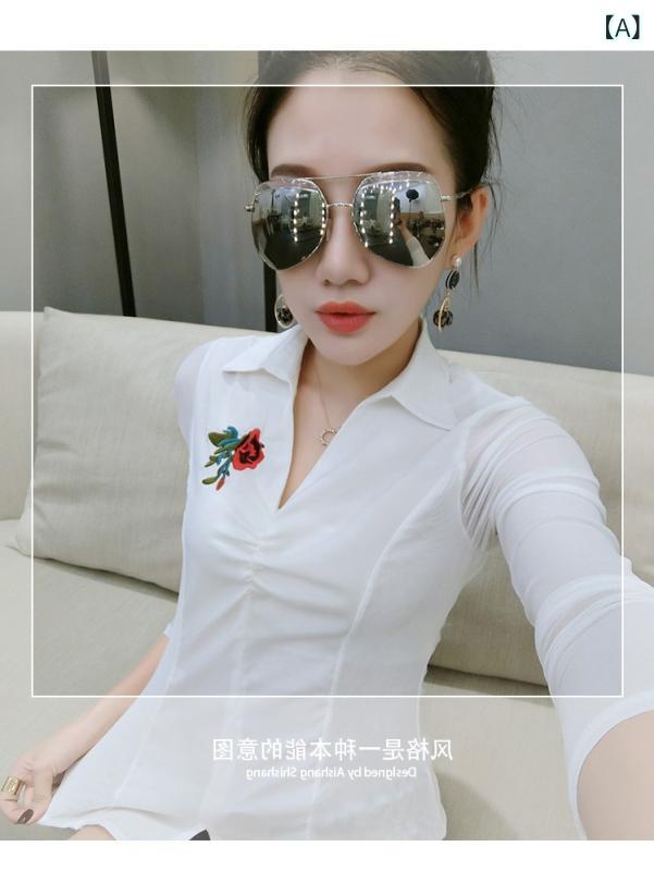 乐天商城 - シャツ レディース 女性用 春夏 韓国風 おしゃれ Vネック スリムフィット 細身 無地 刺繍 シェニール ストレッチ 伸縮性 長袖 インナー トップス ブラウス