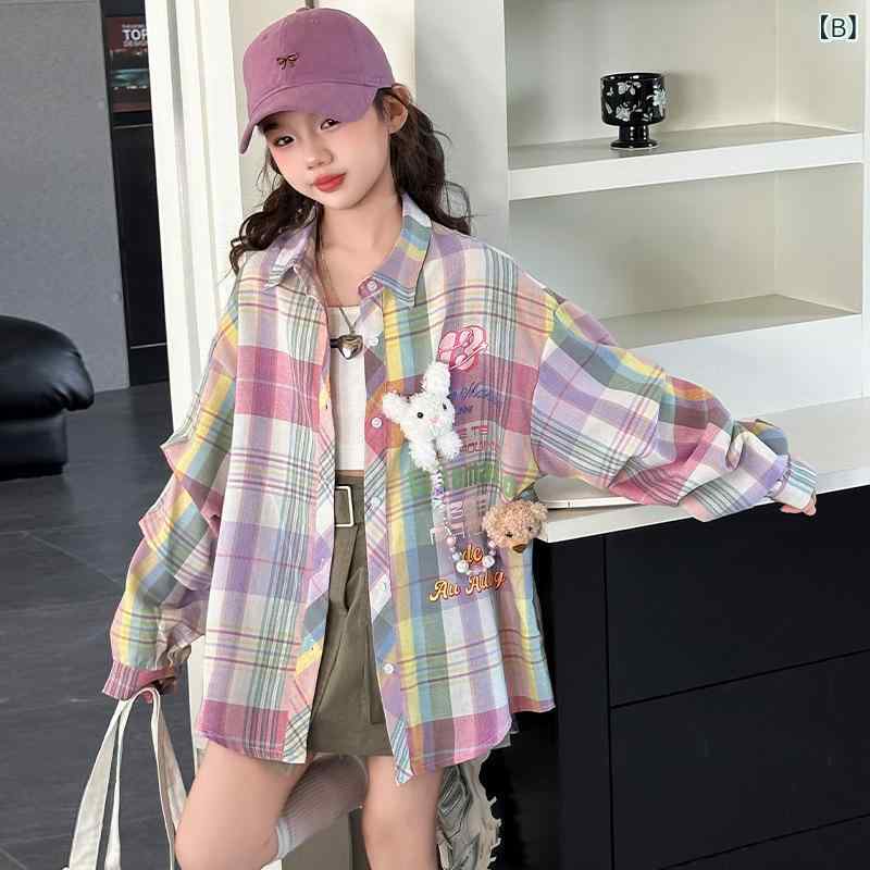 シャツ 女の子 キッズ チェック柄 長袖 ブラウス アウター 春秋 韓国風 ファッション 綿混素材 肌触りやわらか スクエアネック ジュニア 小学生 通学 普段使い 2