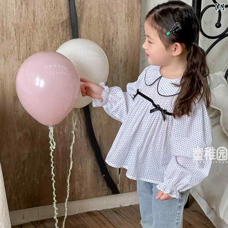 ブラウス ガールズ 春秋 ドット柄 水玉 かわいい 蝶結び 韓国風 長袖 襟付き プルオーバー 綿 ドールシ..