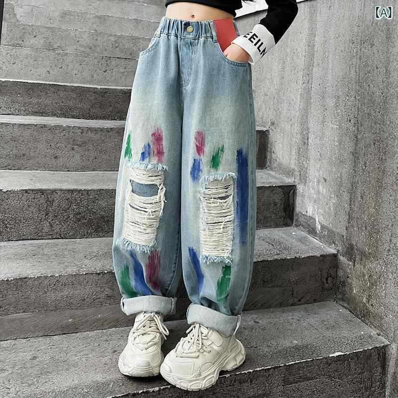 デニムパンツ 女の子 キッズ ジュニア ダメージ加工 カラフル グラフィティ ペイント風 落書き ストレ..