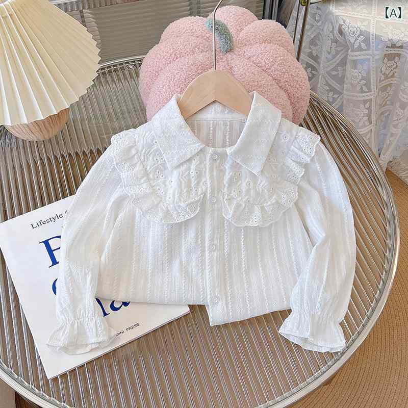 ・性別: 女性・対象年齢: 3～8歳・適合身長: 100～140cm・スタイル: カジュアル・ネックライン: 襟付き、クルーネック・袖丈: 長袖・主な素材: 綿・カラー: ホワイト・カテゴリ: キッズシャツ