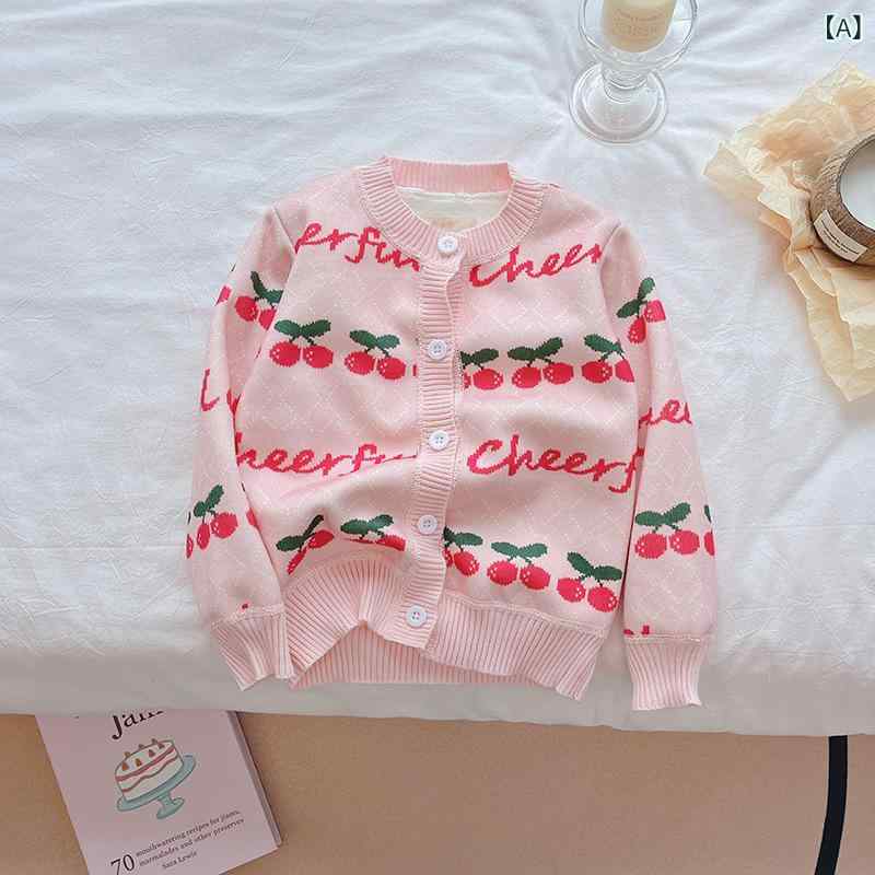 ニット 女児 子供服 女の子 ベビー 秋冬 裏起毛 暖かい 厚手 チェリー柄 丸首 ラウンドネック 長袖 カーディガン 羽織り カジュアル 普段使い おしゃれ ポリエステル