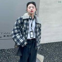 ジャケット 女の子 キッズ 長袖 ミドル丈 秋冬 厚手 裏起毛 あったか 防寒 アメリカンレトロ チェック柄 切り替え ボア襟 ゆったり オーバーサイズ ブルゾ...