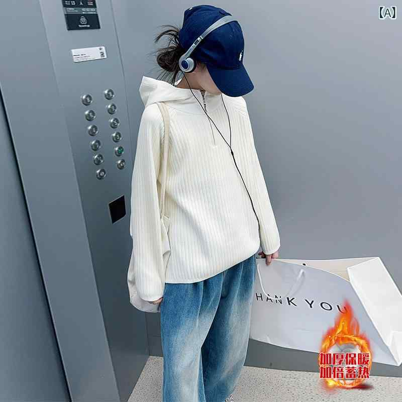 乐天商城 - セーター 女の子 キッズ 秋冬 フード付き プルオーバー 配色切り替え デザイン性 上品 トレンド ニット トップス 厚手 柔らかい 普段使い 通園 通学 カジュアル 韓国風 白 グレー ピンク カーキ