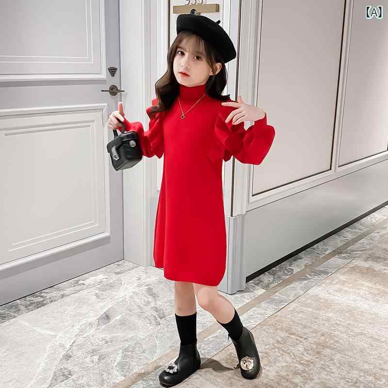 Long-Trousers, Trousers - ワンピース 女の子 子供用 ジュニア 秋冬 綿混紡 アセテート混紡 裏起毛 ニット 長袖 プリンセスライン レッド トレンド 普段使い お出かけ 暖かい 快適