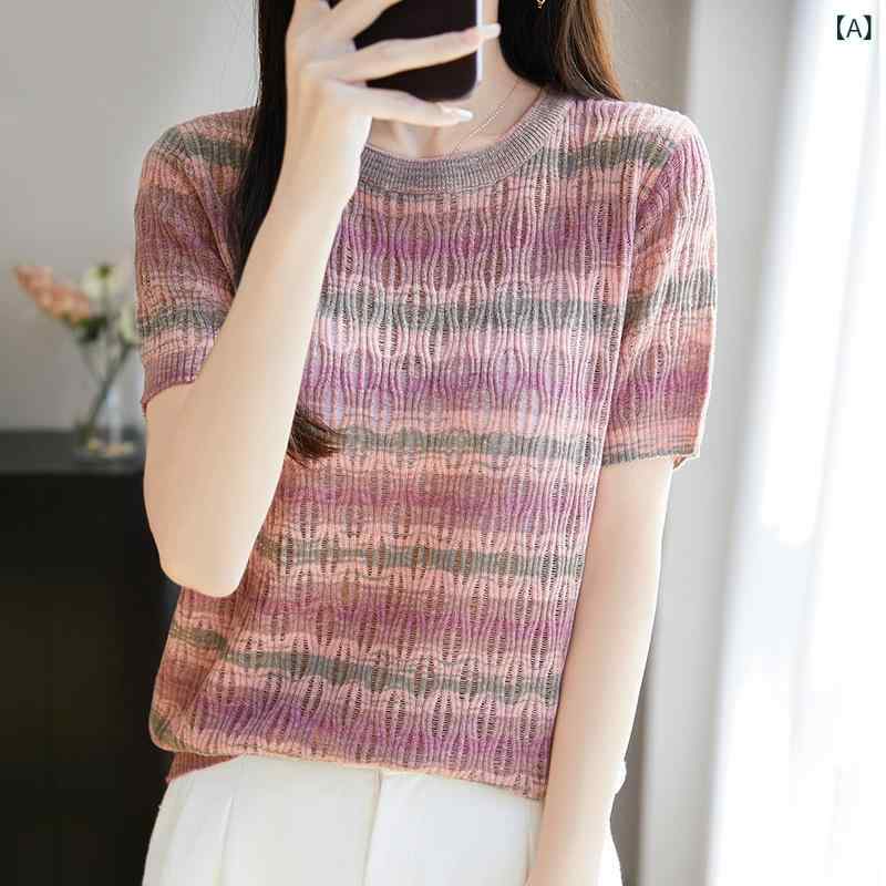 ニットトップス レディース 女性用 配色ストライプ 透かし編み 半袖 クルーネック 薄手 ライトニット ゆったり オーバーサイズ カジュアル きれいめ 通勤 オフィス 着回し ウール混 アクリル 混紡素材 春夏