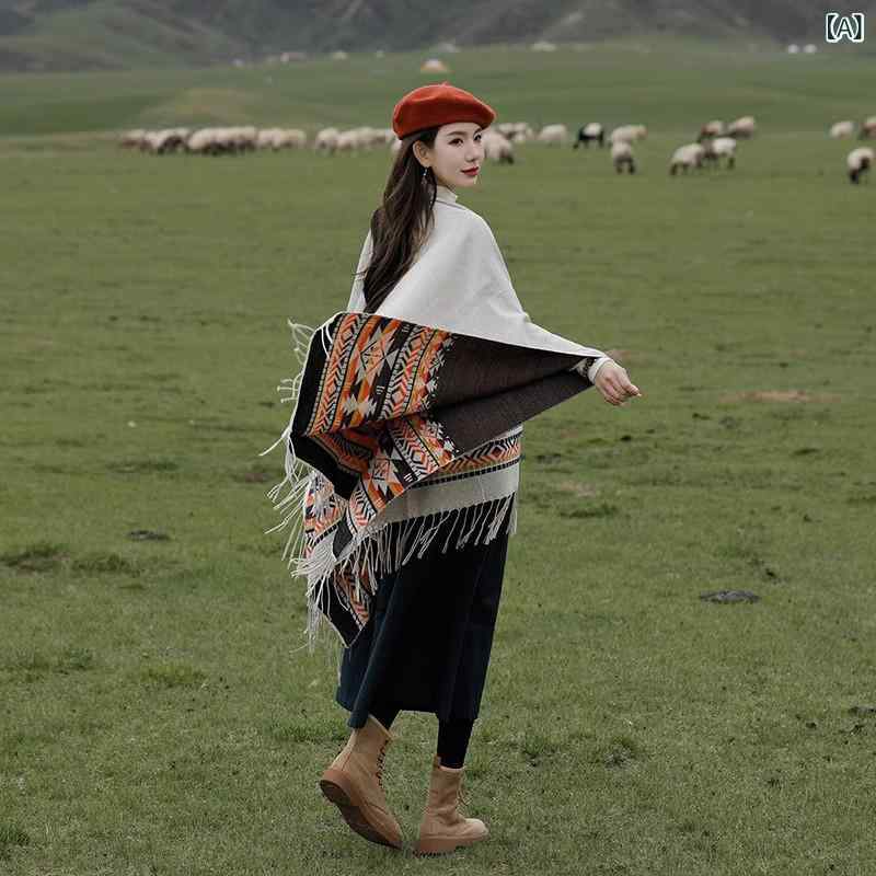 ストール 男女兼用 民族風 エスニック 厚手 両面 ショール マフラー フェイクカシミヤ あったか リバーシブル ポンチョ タッセル 旅行 アウトドア 春物