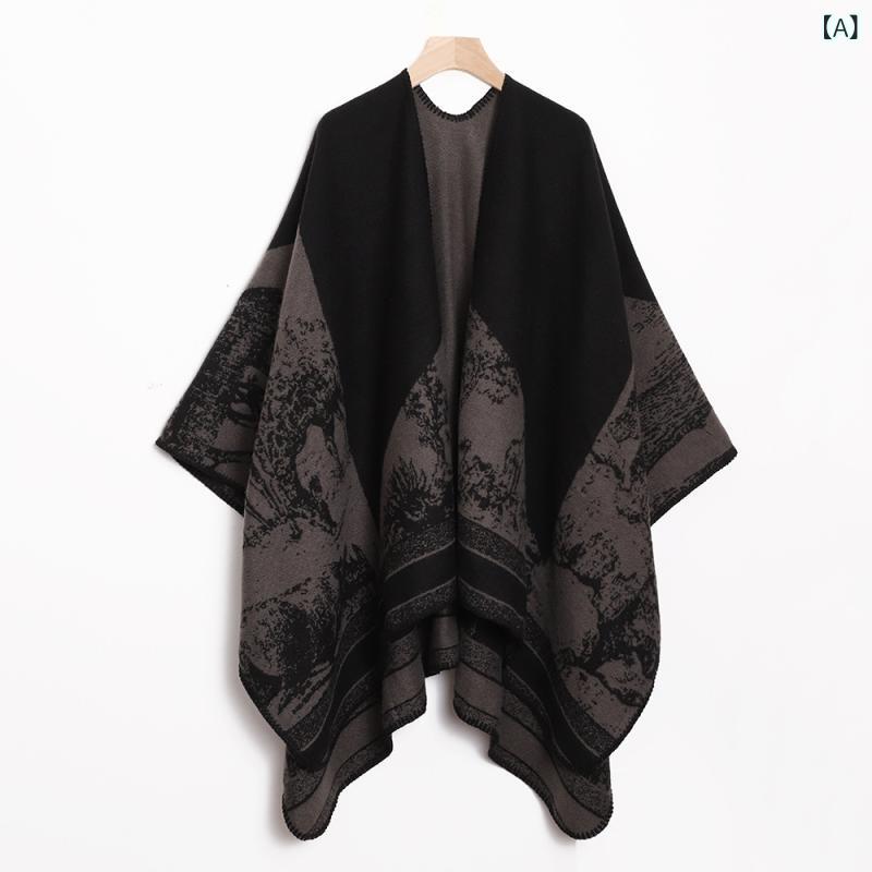 ポンチョ レディース 女性用 民族風 エスニック レトロ 油絵柄 ビッグシルエット オーバーサイズ スリ..