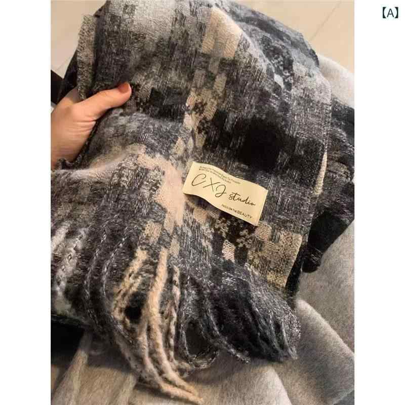 マフラー 男女兼用 学生 カップル ペア 秋冬 フェイクカシミヤ カシミヤタッチ チェック柄 フリンジ 大..