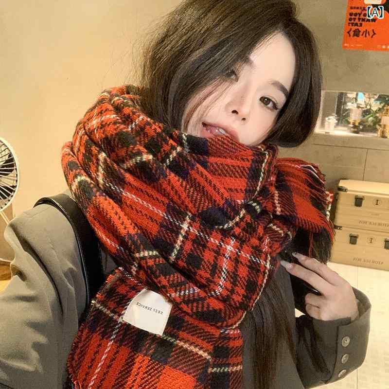 マフラー レディース 韓国 東大門スタイル 大判 ロング チェック柄 フリンジ付き フェイクカシミヤ カシミヤタッチ 柔らか 防寒 暖かい シンプル カジュアル 高級感 秋冬 レッド ストール