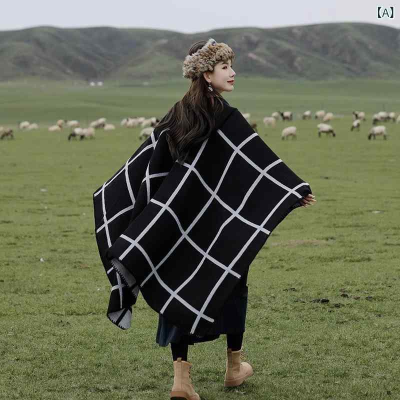 ポンチョ レディース フード付き チェック柄 エスニック風 フェイクカシミヤ 保温 旅行 お出かけ リゾート かわいい ワンピース 羽織り 黒 ブラウン 春夏(4)