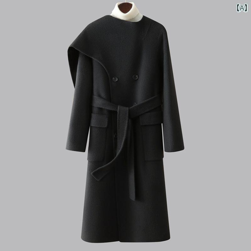 コート レディース 秋冬 ブラック キャメルウール混 ダブルフェイス スカーフ襟 ダブルブレスト ベルト付き ゆったり ドロップショルダー ロング丈 厚手 防寒 マキシ丈 カジュアル 普段使い アウター