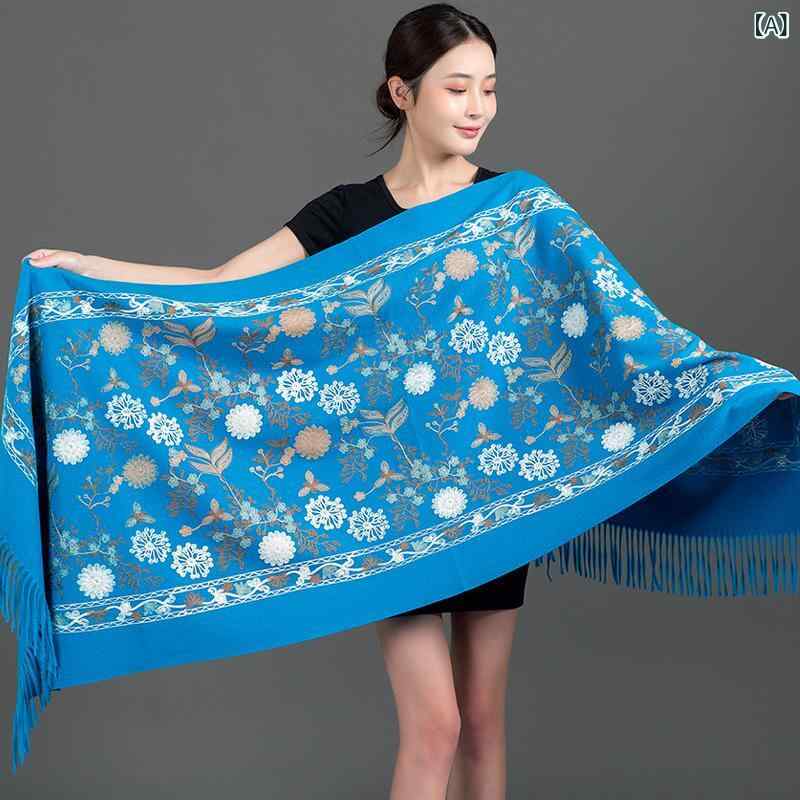 Rakuten - ショール レディース ミセス 女性用 カシミヤタッチ エスニック 民族柄 フォークロア インド ネパール 刺繍 レッド 赤 秋冬 防寒 暖かい 大判 ロング丈 ストール マフラー 羽織り 普段使い