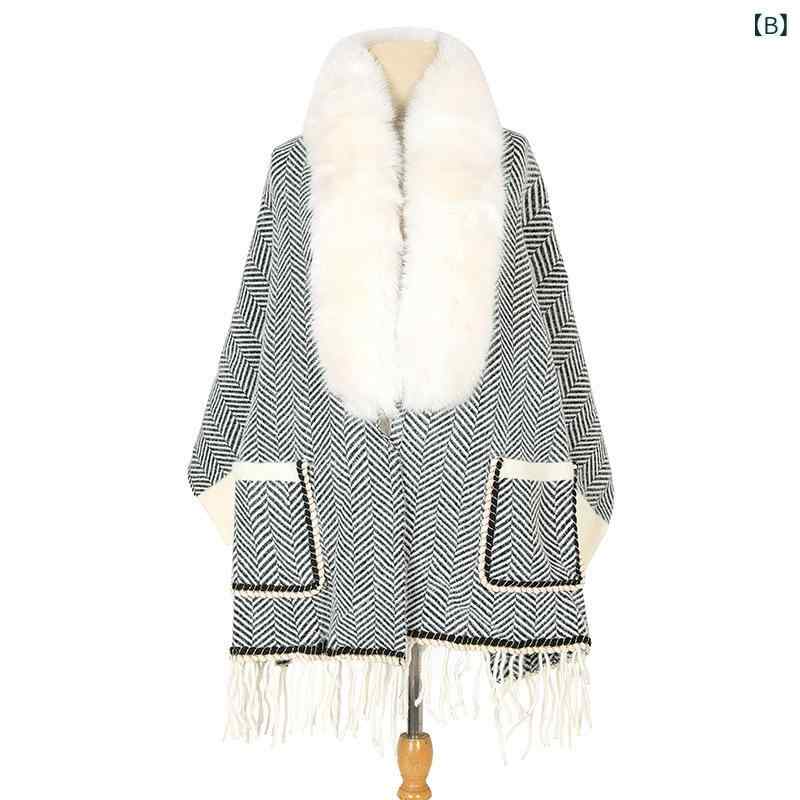 ポンチョ レディース 女性用 ファー襟 フェイクミンク ストライプ柄 ポケット 長袖 フリンジ ニット ショール ケープ 厚手 混紡素材 防寒 保温 秋冬 カジュアル 普段使い ブラック ホワイト narukimar-10377285 naruki サンプル画像2