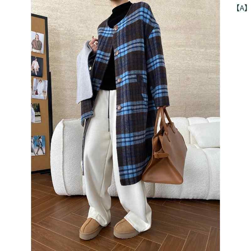 コート レディース アウター リバーシブル ウール ダブルフェイス ロング丈 マキシ丈 クルーネック 丸首 厚手 暖かい レトロ チェック柄 格子柄 ブラウン ブルー 通勤 オフィス きれいめ 秋冬