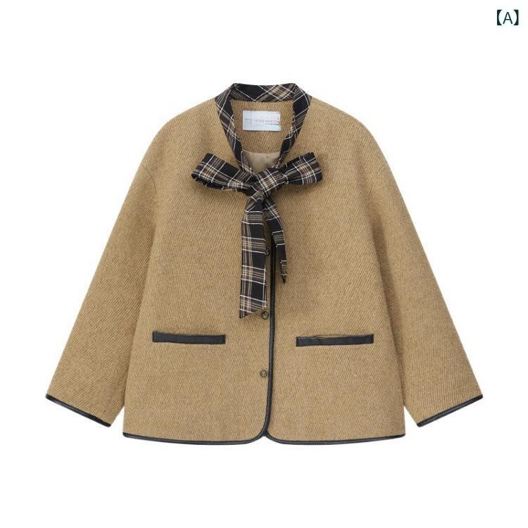 コート レディース アウター 秋冬 羊毛混 アクリル混 バイカラー 切り替え リボン 長袖 中厚手 きれいめ 上品 通勤 オフィス カジュアル 着痩せ スリム カーキブラウン