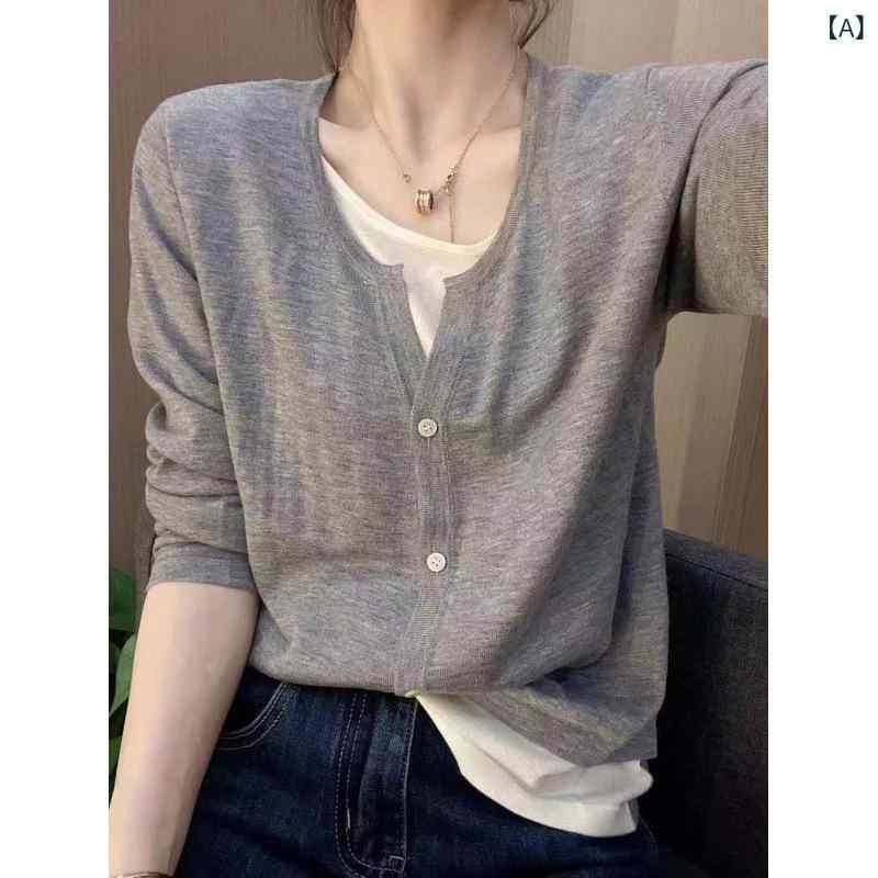 カーディガン レディース 女性用 春夏 軽量 薄手 上質メリノウール フェイクレイヤード 重ね着風 クルーネック 丸首 UVカット 紫外線対策 ニット 羽織り トップス