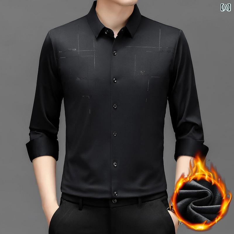 ・カテゴリ: シャツ・主な素材: ポリエステル・生地: 四方ストレッチ・生地番手: 100番手・ネックライン: 襟付き・袖丈: 長袖・柄: 無地・厚さ: 裏起毛・シルエット: ゆったり・対象: 大きいサイズ、成人男性・カラー展開: ブラック、レッド、ブルー、ダークグリーン、ネイビー・サイズ展開: 165, 170, 175, 180, 185, 190