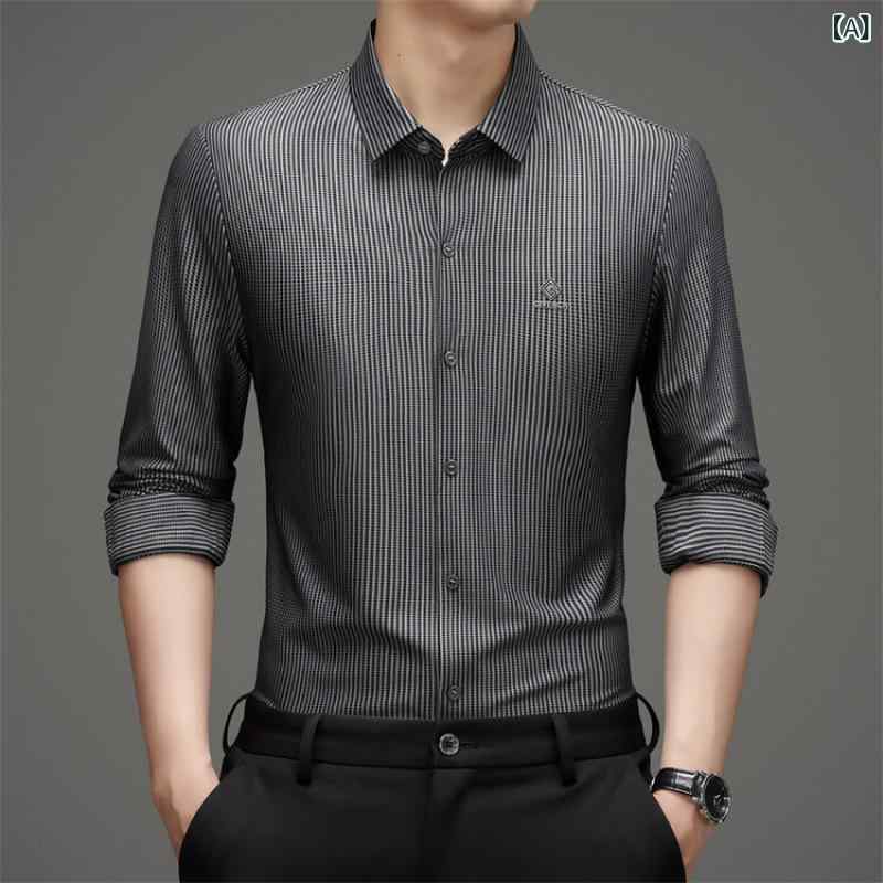 シャツ メンズ シームレス 接触冷感 長袖 春夏 ドレープ感 ビジネス カジュアル 通勤 オフィス ノーアイロン ストレッチ ポリエステル ..