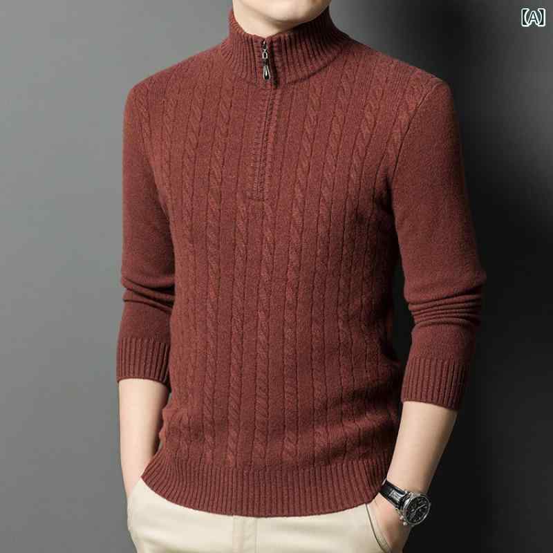 乐天商城 - ニット メンズ 男性用 秋冬 100% ウール 羊毛 モックネック インナー プルオーバー 無地 厚手 保温性 暖か 防寒 スリム カジュアル ビジネス 大きいサイズ 大人向け