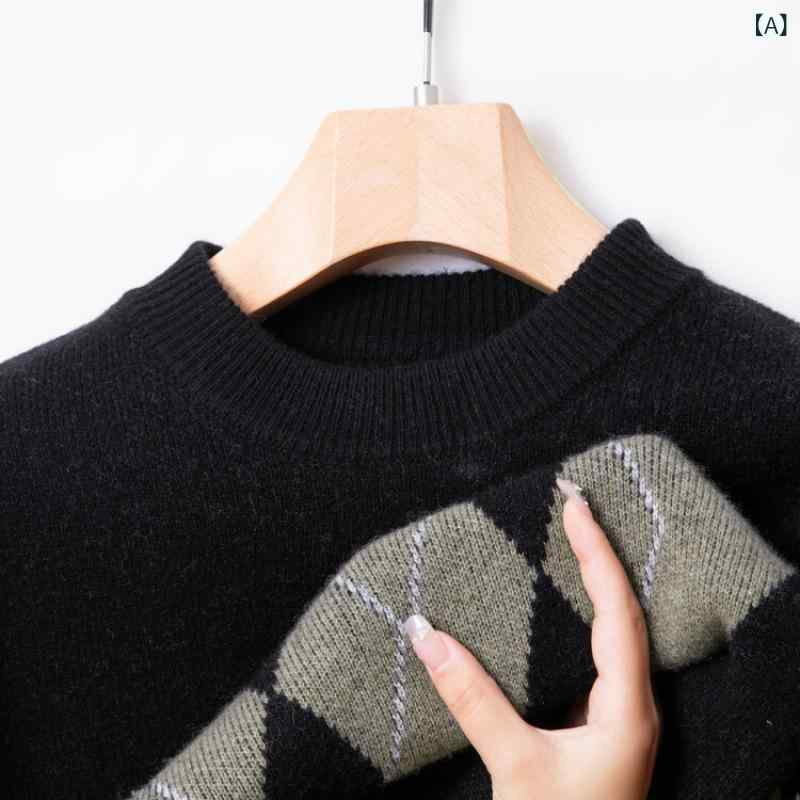 Rakuten - セーター メンズ 男性用 羊毛 ウール 厚手 ニット 丸首 クルーネック トップス ゆったりシルエット 大きいサイズ お父さん世代 ミドルエイジ 黒 緑 グレー 秋冬 カジュアル