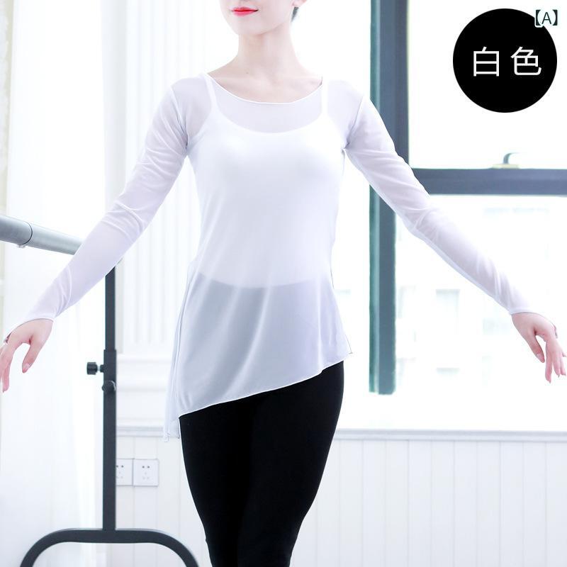ダンスウェア レディース 大人用 多目的ダンス レッスン着 練習着 モダン クラシック ヨガ フィットネス 舞台衣装 メッシュ シアー カバーアップ 長袖 スリット 指穴 ストレッチ 伸縮素材