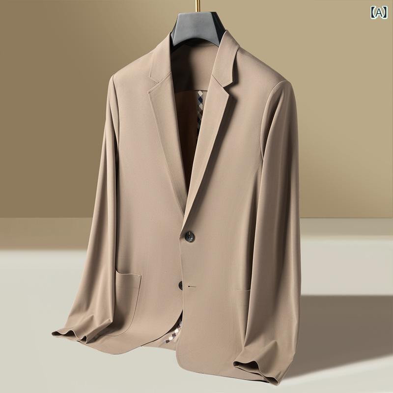 ジャケット 男性用 カジュアル ストレッチ スリムフィット ノーアイロン シングルブレスト 2ボタン ポリエステル素材 無地 ビジネス オフィス 通勤 カーキ ブラウン グリーン