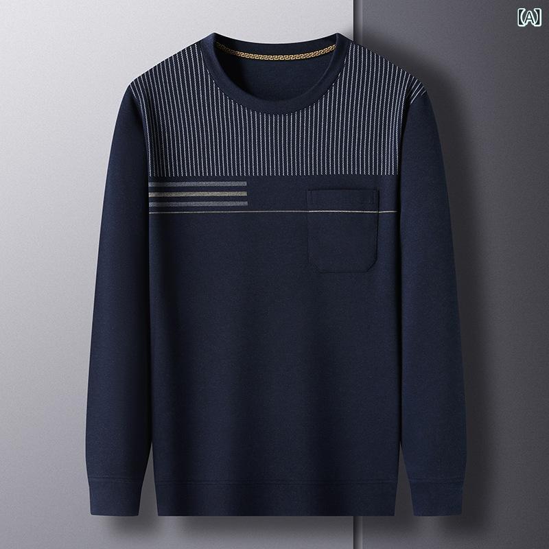 トップス メンズ 中高年 男性 長袖 Tシャツ カットソー クルーネック 綿混 薄手 通気性 抗菌 ゆったり ビッグシルエット カジュアル ストライプ柄 春秋物
