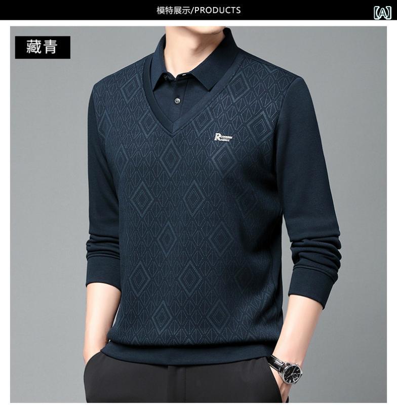POLOシャツ メンズ 男性用 紳士 中年向け 裏起毛 厚手 フェイクレイヤード 長袖 格子柄 切り替え 保温 あったか ビジネス カジュアル 普段使い ポリエステル混紡 冬 秋冬 紺 ネイビー グレー 黒 ブラック