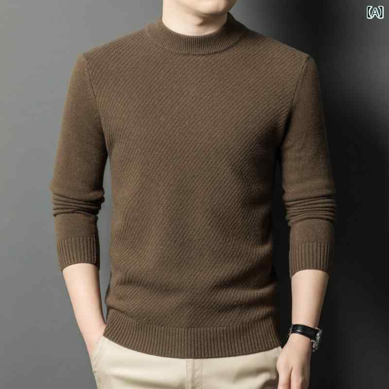 ニット メンズ 男性用 厚手 暖かい 保温性 ウール100% 羊毛 長袖 秋冬 レンガ色 バーガンディ ゆったり..