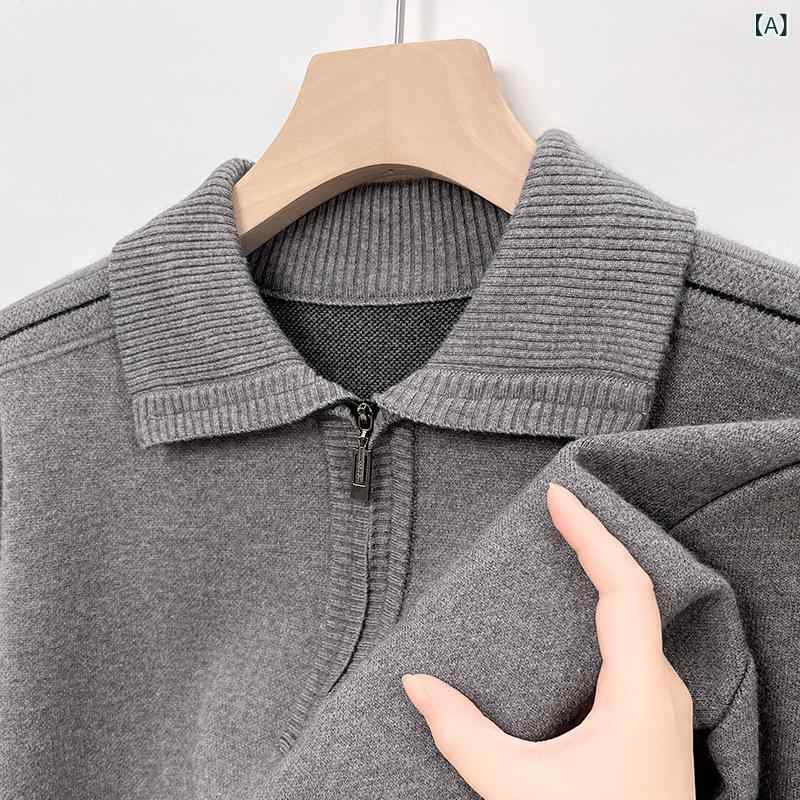 ニット メンズ ポロ襟 ジップ 長袖 シンプル カジュアル 無地 秋冬 紳士 スリムフィット ポリエステル セーター トップス