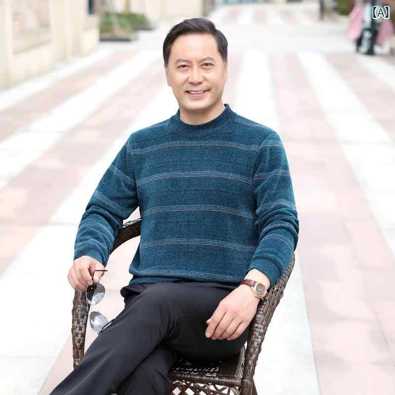 ニット メンズ 男性用 中高年向け 秋冬 暖かい 裏起毛 厚手 シェニール素材 保温 クルーネック プルオーバー セーター 長袖 お父さん 紳士 ビジネス カジュアル 普段使い 50代 ファッション