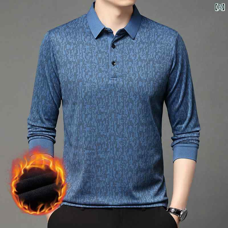 ニット 男性用 中年 父親向け 秋冬 裏起毛 厚手 保温 長袖 ポロシャツ セーター 普段使い カジュアル ストレート ジャガード 大人のカジュアル 洗える ポリエステル混紡