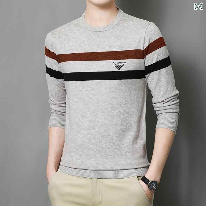ニット メンズ 秋冬 ラウンドネック 長袖 セーター ウール アクリル混紡 保温性 洗える カジュアル ビジネス スリムフィット シンプル トップス 普段使い 大人 上品