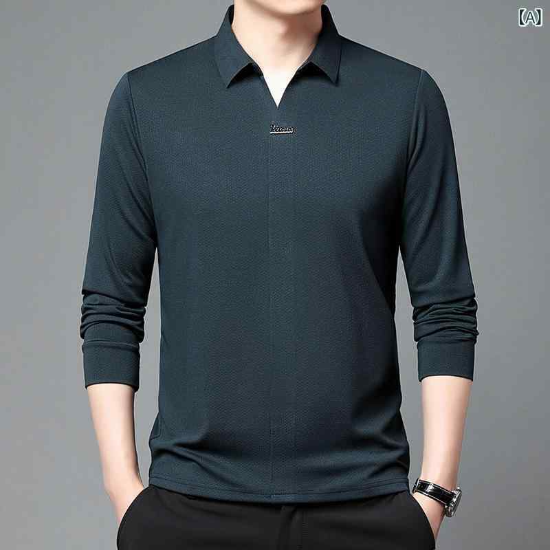 ポロシャツ メンズ 男性用 スキッパー襟 長袖 シンプル 無地 ゆったり 春秋 綿混 コットンブレンド 通気性 吸湿速乾 形状記憶 カジュアル 大人カジュアル 普段使い ビジネスカジュアル トップス