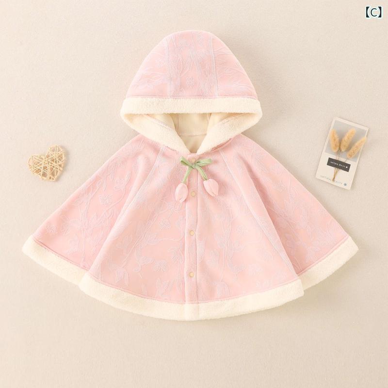 narukiのポンチョ ベビー 新生児 キッズ 子供用 フード付き 裏起毛 厚手 防風 保温 ポリエステル ソフトな肌触り かわいい お出かけ用 冬 ケープ マント アウター シングルボタン｜アングル3