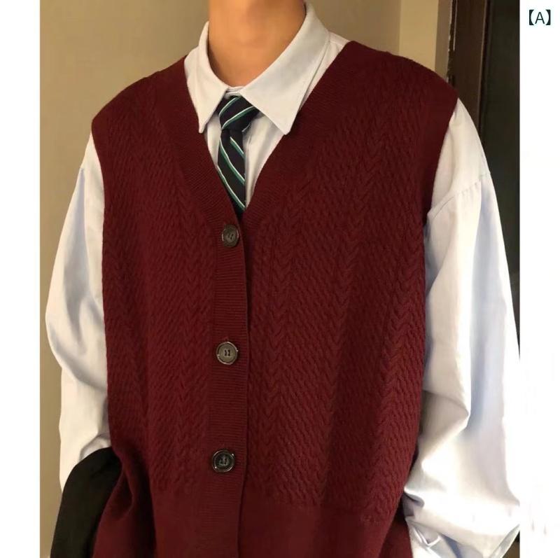 ニット 男性用 Vネックベスト ワインレッド ゆったり ビッグシルエット レトロ カジュアル 普段使い 重ね着 韓国ファッション ポリエステル 春秋