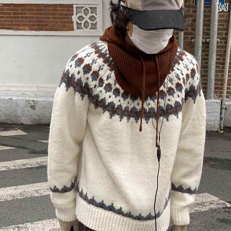 ニット メンズ 古着 ヴィンテージ フェアアイル 配色切り替え ジャガード 刺繍 プルオーバー セーター レトロ クラシック ゆったり 丸首 長袖 春秋 日系 カジュアル